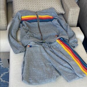 Aviator Nation Gray Jumpsuit with Rainbow Stripes